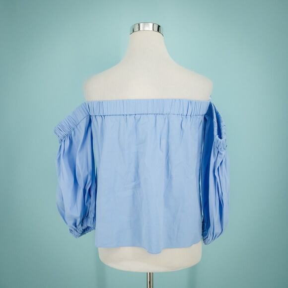 Milly Size Small S Blue Poplin Off the Shoulder Crop 3/4 Elbow Sleeve Cotton Top - Picture 3 of 5